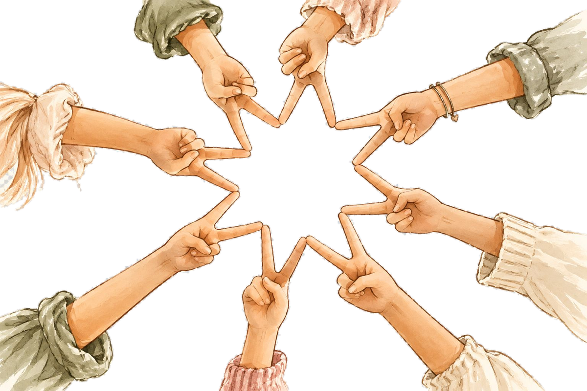 Aquarel van kinderhanden die samen met hun vingers een ster vormen